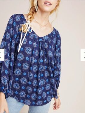 Anthropologie Maeve Top Women 10 Blue 3/4 Sleeve Boho V-neck Peasant Blouse AA19
